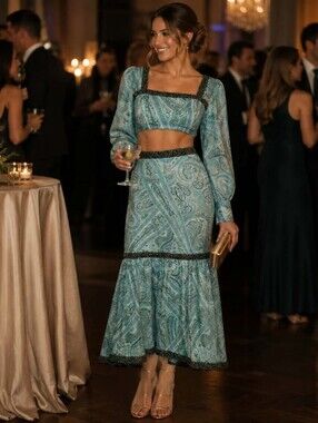 Rose Velvet Blue Paisley Long Sleeve Maxi Dress